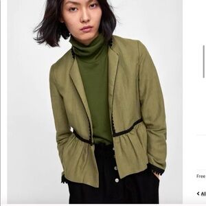 Zara Basic Olive Linen Peplum Blazer Jacket Black Trim Size S linen blend